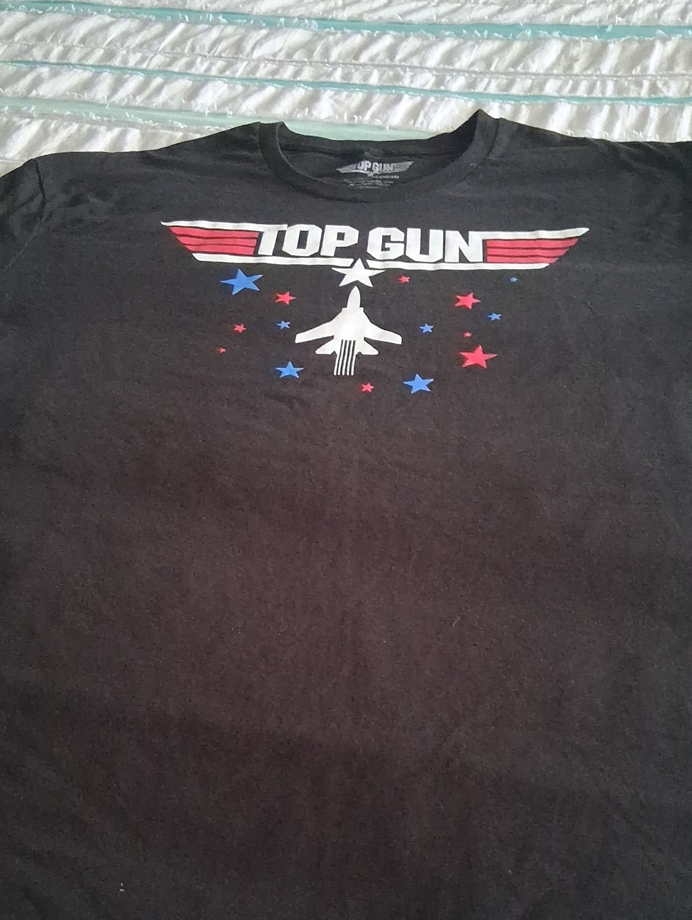 Black Graphic Tee with Red & Blue Accents Unisex. Size XL